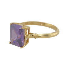 Load image into Gallery viewer, Add a touch of elegance to your jewellery collection with this pre-owned 18ct yellow gold &amp; amethyst set dress ring.

Design: A sophisticated design featuring a rich amethyst stone set in a polished 18ct yellow gold band for a refined look.
Material: Made from 18-carat yellow gold, providing a luxurious and durable finish that complements the vivid purple hue of the amethyst.
Gemstone Detail: The rectangular-cut amethyst stone measures 9mm by 7mm, offering a striking and bold pop of colour.

