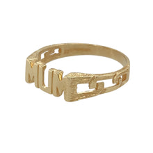 Load image into Gallery viewer, This pre-owned 9ct yellow gold Mum ring is a lovely and heartfelt piece.

Design: Features the word &quot;Mum&quot; in a bold, stylish font, with open curb-style shoulders adding a delicate touch.
Material: Crafted from solid 9ct yellow gold, offering a warm and polished finish.
Size &amp; Weight: Size N, weighing 1.40 grams, with the front measuring 5mm wide.

A thoughtful and meaningful ring, perfect for celebrating motherhood or as a sentimental gift.
