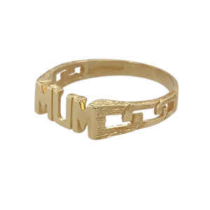 This pre-owned 9ct yellow gold Mum ring is a lovely and heartfelt piece.

Design: Features the word "Mum" in a bold, stylish font, with open curb-style shoulders adding a delicate touch.
Material: Crafted from solid 9ct yellow gold, offering a warm and polished finish.
Size & Weight: Size N, weighing 1.40 grams, with the front measuring 5mm wide.

A thoughtful and meaningful ring, perfect for celebrating motherhood or as a sentimental gift.
