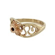 Load image into Gallery viewer, This pre-owned 9ct yellow and rose gold Clogau daffodil ring combines elegant design with symbolic meaning.

Design: The ring features a beautiful daffodil motif, complemented by open patterned shoulders, adding a touch of delicacy and charm.
Material: Made from a blend of 9ct yellow and rose gold, offering a warm, contrasting finish.
Size &amp; Weight: Size P, 3.50 grams. The front of the ring is 9mm wide.

A meaningful and visually striking ring, perfect for those who appreciate nature-inspired jewellery.
