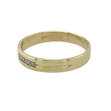 Load image into Gallery viewer, Add sentimental sparkle to your jewellery collection with this pre-owned 9ct yellow gold and diamond set band ring, featuring:

Design: A classic band style with subtle diamond accents and the heartfelt engraving &#39;I love you&#39; on the inside.
Material: 9-carat yellow gold, offering a warm and polished finish with timeless appeal.
Ring Front: Measures 4mm wide, providing a clean and elegant look on the finger.
Size &amp; Weight: Designed in size T and weighs 2.30 grams, ensuring a light and comfortable fit.
