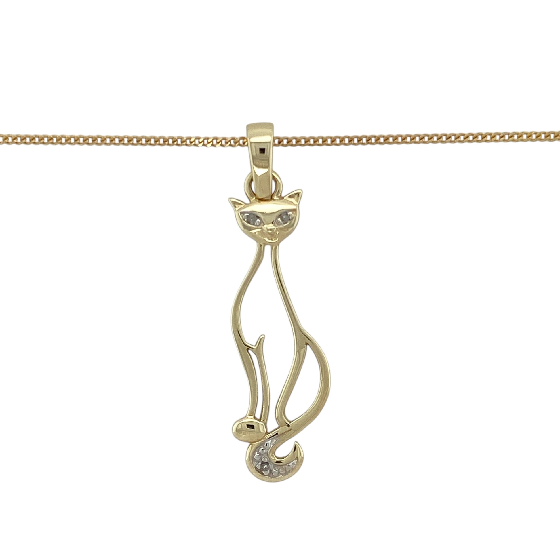 Add playful charm to your jewellery collection with this pre-owned 9ct yellow gold and diamond set cat pendant and chain necklace, featuring:

Design: A whimsical cat-shaped pendant accented with a touch of sparkle, paired with a classic curb chain for a complete and stylish necklace.
Material: 9-carat yellow gold, offering a warm and polished finish that complements the playful design.
Pendant Detail: The cat pendant measures 4cm long including the bail and features a subtle diamond accent for added shine.