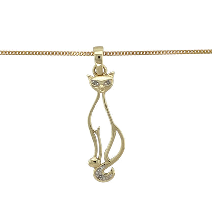 Add playful charm to your jewellery collection with this pre-owned 9ct yellow gold and diamond set cat pendant and chain necklace, featuring:

Design: A whimsical cat-shaped pendant accented with a touch of sparkle, paired with a classic curb chain for a complete and stylish necklace.
Material: 9-carat yellow gold, offering a warm and polished finish that complements the playful design.
Pendant Detail: The cat pendant measures 4cm long including the bail and features a subtle diamond accent for added shine.