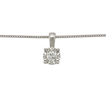 Load image into Gallery viewer, Add classic sparkle to your collection with this pre-owned 9ct white gold diamond solitaire pendant necklace, featuring:

Design: A timeless illusion-set solitaire pendant, designed to enhance the appearance of the central diamond with added brilliance.
Material: 9-carat white gold, offering a sleek and polished finish that complements the diamond’s sparkle.
Gemstone Detail: Set with an approximately 0.15ct diamond, delicately framed to maximise its visual impact.

