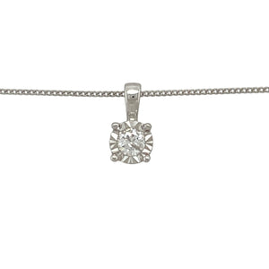 Add classic sparkle to your collection with this pre-owned 9ct white gold diamond solitaire pendant necklace, featuring:

Design: A timeless illusion-set solitaire pendant, designed to enhance the appearance of the central diamond with added brilliance.
Material: 9-carat white gold, offering a sleek and polished finish that complements the diamond’s sparkle.
Gemstone Detail: Set with an approximately 0.15ct diamond, delicately framed to maximise its visual impact.
