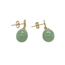 Load image into Gallery viewer, Add natural elegance and graceful movement to your jewellery collection with these pre-owned 9ct yellow gold jade set drop earrings, featuring:

Design: A classic drop earring style with elongated teardrop-shaped jade stones, creating a look that’s both serene and striking.
Material: 9-carat yellow gold, offering a warm, polished setting that beautifully complements the soft green tones of the jade.
Gemstone Detail: Each earring features a smooth, polished jade stone
