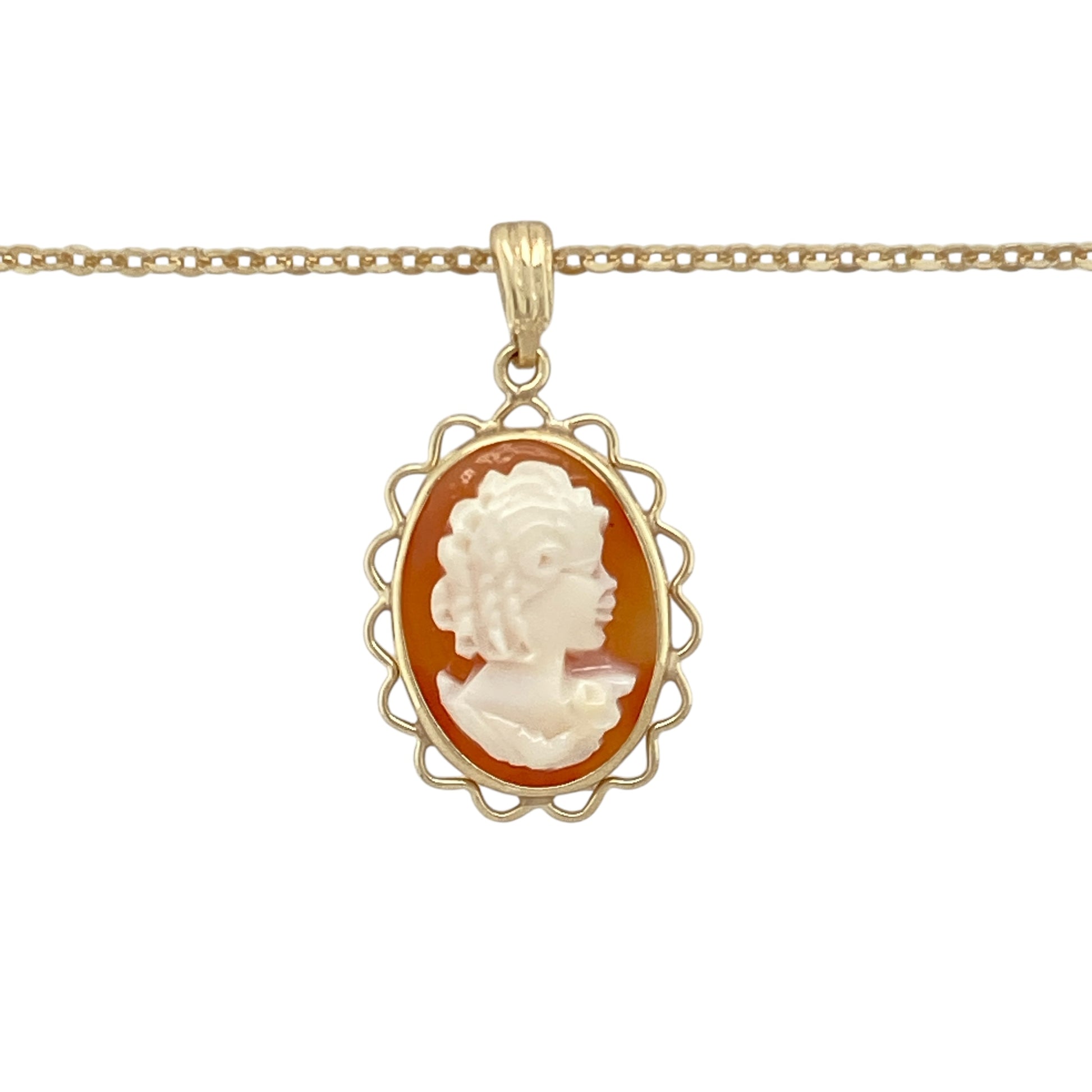 Add timeless vintage charm to your collection with this pre-owned 9ct yellow gold cameo pendant necklace, featuring:

Design: A beautifully carved traditional cameo set in a polished yellow gold frame, offering a classic and feminine silhouette with a nod to antique style.
Material: 9-carat yellow gold, providing a rich and refined setting that enhances the cameo’s delicate detail.
Gemstone Detail: Features a 16mm by 11mm oval cameo