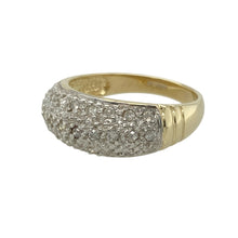 Load image into Gallery viewer, Add a touch of modern elegance to your collection with this pre-owned 9ct yellow and white gold diamond set curved band ring, featuring:

Design: A stylish curved band with a soft wave silhouette, blending yellow and white gold for a contemporary two-tone look—accented with sparkling diamonds for added brilliance.
Material: 9-carat yellow and white gold, polished to a high shine that enhances the flowing design and diamond setting.

