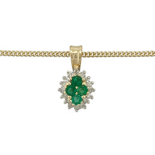 Load image into Gallery viewer, Add timeless beauty and vibrant colour to your collection with this pre-owned 9ct yellow gold diamond and emerald cluster pendant necklace, featuring:

Design: A classic cluster pendant with four rich green emeralds at the centre, surrounded by a halo of sparkling diamonds—creating a floral-inspired design full of charm and elegance.
Material: 9-carat yellow gold, offering a warm, polished finish that beautifully enhances the brilliance and depth of the gemstones.

