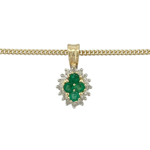 Add timeless beauty and vibrant colour to your collection with this pre-owned 9ct yellow gold diamond and emerald cluster pendant necklace, featuring:

Design: A classic cluster pendant with four rich green emeralds at the centre, surrounded by a halo of sparkling diamonds—creating a floral-inspired design full of charm and elegance.
Material: 9-carat yellow gold, offering a warm, polished finish that beautifully enhances the brilliance and depth of the gemstones.
