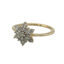 Load image into Gallery viewer, Add a touch of refined sparkle to your collection with this pre-owned 9ct yellow gold and diamond set cluster ring, showcasing a snowflake-inspired design, featuring:

Design: A beautifully structured cluster ring in a snowflake style, combining baguette and brilliant cut diamonds for a striking play of light and texture.
Material: Made from 9-carat yellow gold, offering a timeless, polished finish that perfectly complements the radiance of the stones.
