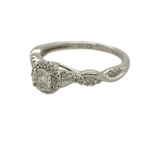 Load image into Gallery viewer, Introduce refined sparkle to your collection with this pre-owned 9ct white gold and diamond set halo ring, designed to dazzle from every angle, featuring:

Design: A graceful halo style, centred around a brilliant diamond and accented by elegantly twisted, diamond-set shoulders for added sophistication.
Material: Crafted in 9-carat white gold, offering a cool-toned, polished finish that beautifully enhances the brilliance of each stone.
