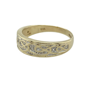 Celebrate heritage and craftsmanship with this pre-owned 9ct yellow and white gold diamond set Celtic weave band ring, rich in symbolism and timeless style, featuring:

Design: A beautifully detailed Celtic weave pattern, symbolising eternity and interconnectedness, enhanced with delicate diamond accents for added brilliance.
Material: Expertly crafted in a blend of 9-carat yellow and white gold, creating a striking contrast that highlights the intricate design.