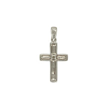 Load image into Gallery viewer, Embrace timeless symbolism with this pre-owned 9ct white gold and diamond set small cross pendant, offering subtle sparkle and elegant simplicity, featuring:

Design: A classic cross silhouette, beautifully proportioned and adorned with diamonds for a meaningful yet understated look.
Material: Crafted in 9-carat white gold, providing a sleek, polished finish that complements the brilliance of the stones.
Gemstone Detail: Set with delicate diamonds that catch the light
