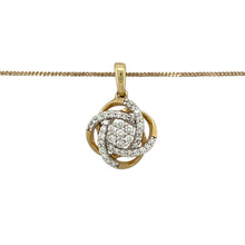 Load image into Gallery viewer, Add graceful charm to your jewellery collection with this pre-owned 9ct yellow gold and diamond set flower knot swirl pendant necklace, offering delicate sparkle and timeless design, featuring:

Design: A beautifully crafted flower-inspired knot swirl pendant, blending organic curves with a sense of harmony and movement, delicately accented with diamonds.
Material: Made from 9-carat yellow gold, providing a warm, polished finish that enhances the graceful shape of the pendant.

