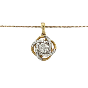 Add graceful charm to your jewellery collection with this pre-owned 9ct yellow gold and diamond set flower knot swirl pendant necklace, offering delicate sparkle and timeless design, featuring:

Design: A beautifully crafted flower-inspired knot swirl pendant, blending organic curves with a sense of harmony and movement, delicately accented with diamonds.
Material: Made from 9-carat yellow gold, providing a warm, polished finish that enhances the graceful shape of the pendant.
