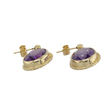 Load image into Gallery viewer, Make a statement with rich colour and vintage-inspired detail with these pre-owned 9ct yellow gold and oval amethyst set drop earrings, offering graceful movement and timeless style, featuring:

Design: Elegant drop earrings showcasing large oval amethysts, framed with intricate rope detailing for a classic and textured finish.
Material: Crafted in 9-carat yellow gold, the warm setting enhances the rich purple tones of the stones and adds a luxurious glow.
