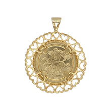 Load image into Gallery viewer, Celebrate heritage and heroism with this pre-owned 9ct yellow gold heart-shaped George and the Dragon pendant, combining classic symbolism with a beautifully crafted design, featuring:

Design: A unique heart-shaped pendant featuring the iconic image of Saint George slaying the dragon, framed by a delicate scalloped edge for added charm and definition.
Material: Crafted in 9-carat yellow gold, the polished finish enhances the intricate detailing of the central motif and decorative border.

