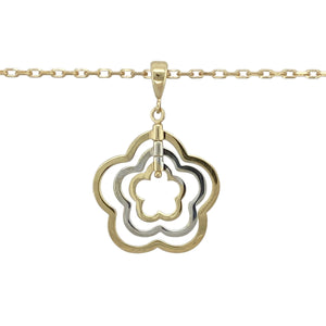 Add a touch of playful elegance and soft contrast to your jewellery collection with this pre-owned 9ct yellow and white gold triple rotating flower shape pendant necklace, offering movement, charm, and timeless appeal, featuring:

Design: A unique flower-shaped pendant with three interlinked, rotating sections in alternating yellow and white gold tones, creating graceful movement and eye-catching detail.