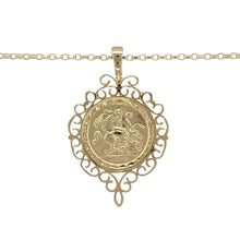 Load image into Gallery viewer, Make a statement of heritage and strength with this pre-owned 9ct yellow gold George and the Dragon pendant necklace, featuring an ornate surround and timeless symbolism, perfect for everyday wear or special occasions, featuring:

Design: A detailed George and the Dragon pendant framed by an elegant, fancy surround that enhances the iconic imagery and adds a touch of sophistication.
Material: Made from 9-carat yellow gold
