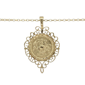 Make a statement of heritage and strength with this pre-owned 9ct yellow gold George and the Dragon pendant necklace, featuring an ornate surround and timeless symbolism, perfect for everyday wear or special occasions, featuring:

Design: A detailed George and the Dragon pendant framed by an elegant, fancy surround that enhances the iconic imagery and adds a touch of sophistication.
Material: Made from 9-carat yellow gold