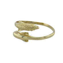 Load image into Gallery viewer, Celebrate the beauty of the ocean and playful elegance with this pre-owned 14ct yellow gold wrap-around dolphin ring, featuring a unique and symbolic design, perfect for sea lovers and statement ring collectors alike:

Design: A wrap-around band featuring two dolphin heads meeting at the front, symbolising harmony, intelligence, and freedom, with smooth curves that create a fluid, sculptural silhouette.
