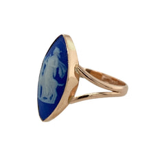Load image into Gallery viewer, Embrace classic beauty and mythological charm with this pre-owned 9ct rose gold blue and white set cameo ring, featuring an elegant depiction of Diana the Huntress, goddess of the moon and protector of women, featuring:

Design: A traditional cameo ring showcasing a finely detailed profile of the Roman goddess Diana, set in a slender, elongated frame for a graceful and timeless silhouette.
