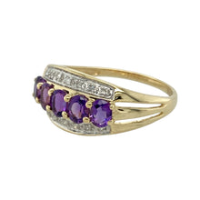 Load image into Gallery viewer, Add a rich splash of colour and sparkle to your collection with this pre-owned 9ct yellow gold diamond and amethyst set wide band ring, offering bold design and timeless elegance, featuring:

Design: A wide band style with a row of vibrant amethyst stones set through the centre, framed by sparkling diamonds along the top and bottom edges for a beautifully balanced and eye-catching look.
Material: Made from 9-carat yellow gold, the polished finish enhances the warmth of the gold
