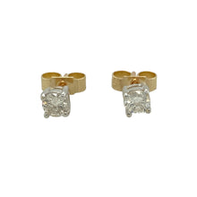Load image into Gallery viewer, Add timeless sparkle to your collection with these pre-owned 9ct yellow gold and diamond set stud earrings, offering classic elegance with a touch of brilliance, perfect for everyday wear or special occasions, featuring:

Design: A traditional stud earring style, each featuring a single diamond set in white gold to enhance its sparkle and contrast beautifully with the yellow gold fittings.
Material: The earrings are made from 9-carat yellow gold, with white gold settings that provide a bright
