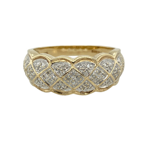 9ct Gold & Diamond Set Cross Cross Patterned Wide Band Ring