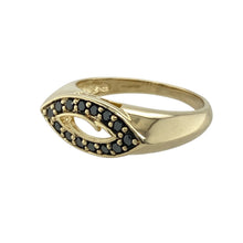 Load image into Gallery viewer, Add bold elegance and modern edge to your collection with this pre-owned 9ct yellow gold black diamond set ring, featuring a striking open-front design that draws the eye with its unique shape and deep sparkle:

Design: The front of the ring features an open oval or eye-shaped silhouette, delicately outlined with black diamonds for a look that&#39;s both contemporary and captivating.
