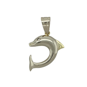 Celebrate the beauty of the ocean and the elegance of dual-tone design with this pre-owned 9ct yellow and white gold diamond set dolphin pendant, blending playful spirit with refined detail:

Design: This gracefully curved dolphin pendant features a unique two-tone design—yellow gold on one side and white gold on the other—symbolising harmony and movement. Two sparkling diamonds are set as the eyes, adding a subtle yet captivating touch of brilliance.