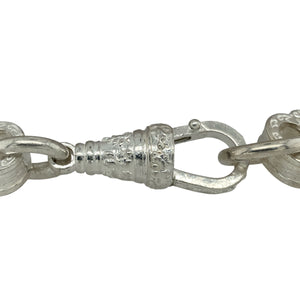 Add striking detail and bold character to your jewellery collection with this new 925 silver 9" patterned gypsy style fancy link bracelet, blending traditional craftsmanship with a strong, confident look:

Design: A distinctive gypsy style bracelet featuring intricately patterned, fancy links that create a bold and textured appearance, ideal for those who appreciate standout silver designs.
Material: Crafted from solid 925 sterling silver, the bracelet boasts a polished and detailed finish