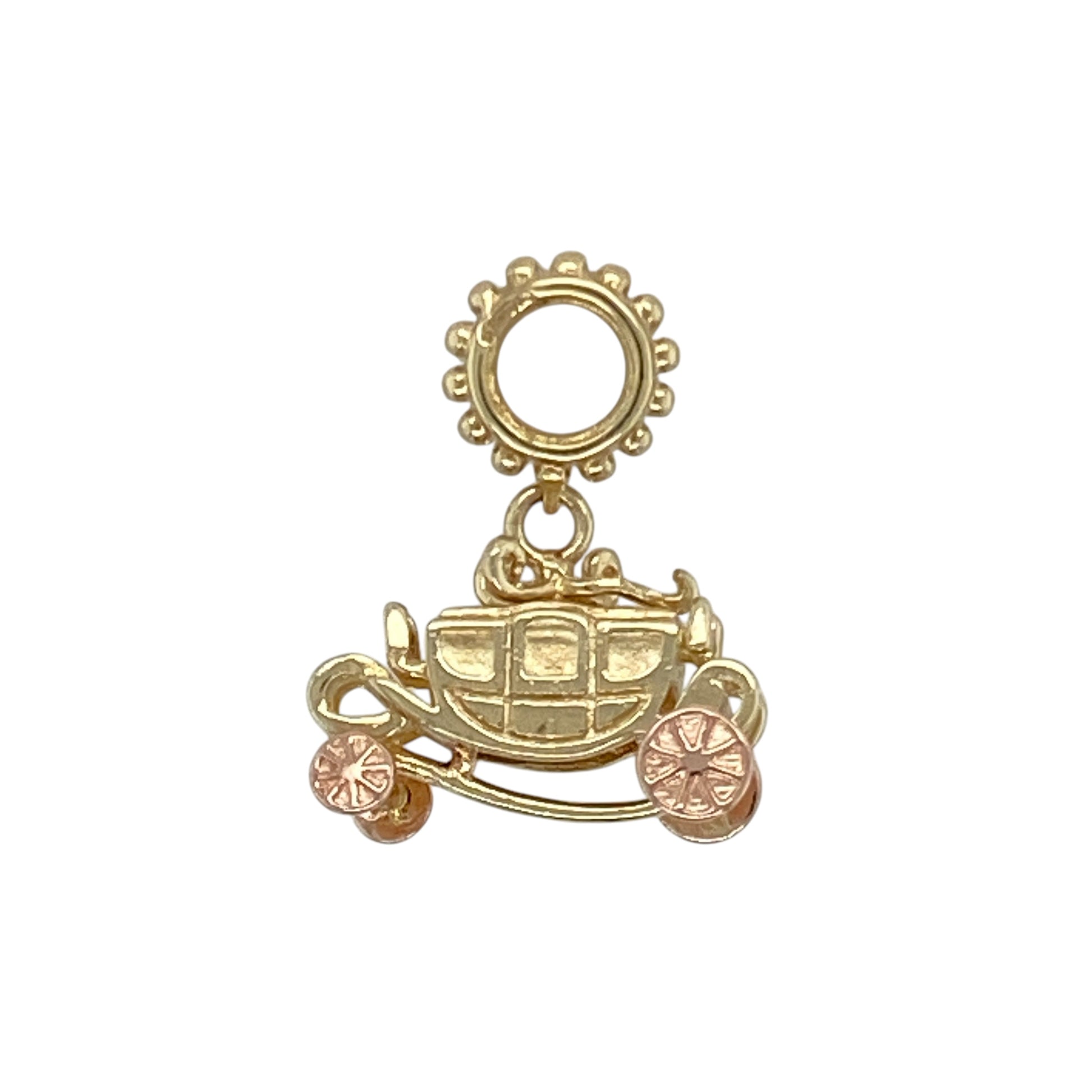 Add a touch of fairy-tale charm and Welsh heritage to your collection with this pre-owned 9ct yellow and rose gold Clogau carriage charm, a delightful piece full of character and elegance.

Design: Features a beautifully detailed carriage design, evoking a sense of magic and tradition, perfect for adding a storybook touch to your charm collection.
Material: Crafted from 9-carat yellow and rose gold, incorporating rare Welsh gold, renowned for its rich warmth and historic significance.
