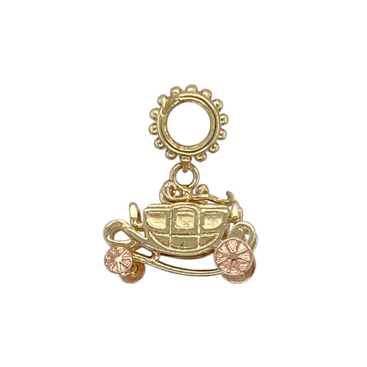 Add a touch of fairy-tale charm and Welsh heritage to your collection with this pre-owned 9ct yellow and rose gold Clogau carriage charm, a delightful piece full of character and elegance.

Design: Features a beautifully detailed carriage design, evoking a sense of magic and tradition, perfect for adding a storybook touch to your charm collection.
Material: Crafted from 9-carat yellow and rose gold, incorporating rare Welsh gold, renowned for its rich warmth and historic significance.
