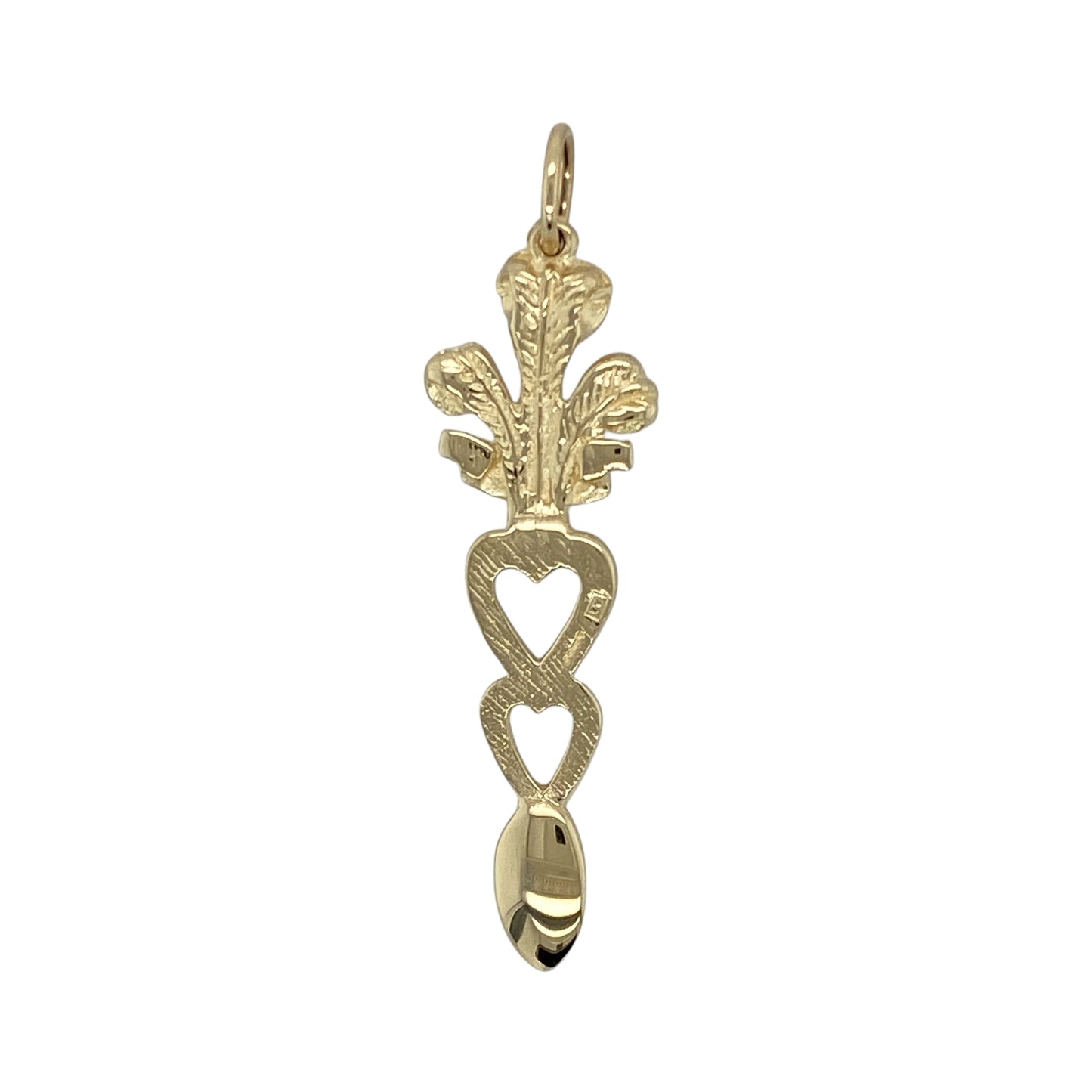 Bring a touch of tradition to your collection with this pre-owned 9ct yellow gold Welsh Three Feathers Heart Lovespoon pendant, offering a meaningful design rich in heritage and timeless elegance.

Design: The pendant features the iconic Welsh Three Feathers symbol intertwined with a heart-shaped lovespoon, representing loyalty, affection, and pride in heritage.
Material: Made from 9-carat yellow gold, the polished finish enhances the intricate detailing
