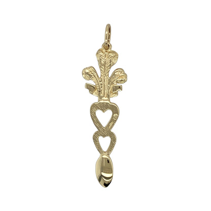 Bring a touch of tradition to your collection with this pre-owned 9ct yellow gold Welsh Three Feathers Heart Lovespoon pendant, offering a meaningful design rich in heritage and timeless elegance.

Design: The pendant features the iconic Welsh Three Feathers symbol intertwined with a heart-shaped lovespoon, representing loyalty, affection, and pride in heritage.
Material: Made from 9-carat yellow gold, the polished finish enhances the intricate detailing