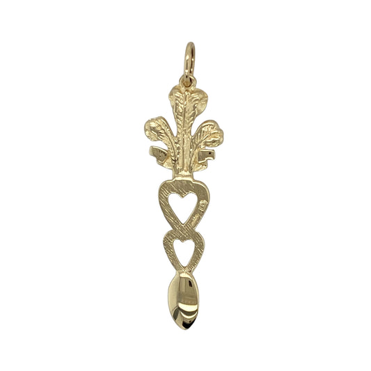 Bring a touch of tradition to your collection with this pre-owned 9ct yellow gold Welsh Three Feathers Heart Lovespoon pendant, offering a meaningful design rich in heritage and timeless elegance.

Design: The pendant features the iconic Welsh Three Feathers symbol intertwined with a heart-shaped lovespoon, representing loyalty, affection, and pride in heritage.
Material: Made from 9-carat yellow gold, the polished finish enhances the intricate detailing