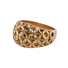 Load image into Gallery viewer, Bring graceful statement style to your collection with this pre-owned 9ct rose gold flower wide band ring, offering bold elegance with delicate floral detailing, perfect for adding standout charm to any look.

Design: The wide band is adorned with intricate openwork flower motifs, creating a striking yet feminine appearance that captures the beauty of nature.
Material: Made from 9-carat rose gold, the polished finish enhances the soft blush tones and highlights the flowing floral pattern across the band.
