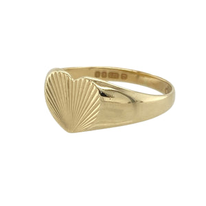 Bring delicate sentiment to your collection with this pre-owned 9ct gold line patterned heart signet ring, offering a sweet and timeless design perfect for everyday wear or meaningful gifting.

Design: The heart-shaped face features a subtle line pattern, adding soft texture and charm to a classic signet style.
Material: Made from 9-carat gold, the polished finish enhances the warm tone and fine detailing of the patterned surface.