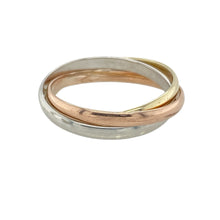 Load image into Gallery viewer, Bring timeless harmony to your collection with this pre-owned 9ct yellow, white and rose gold triple band ring, offering a beautifully balanced design that blends classic tones—perfect for symbolic gifting or everyday elegance.

Design: The ring features three interlocking bands—one each in yellow, white, and rose gold—creating a rolling design that symbolises unity, love, and balance.

