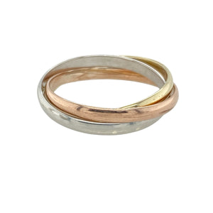 Bring timeless harmony to your collection with this pre-owned 9ct yellow, white and rose gold triple band ring, offering a beautifully balanced design that blends classic tones—perfect for symbolic gifting or everyday elegance.

Design: The ring features three interlocking bands—one each in yellow, white, and rose gold—creating a rolling design that symbolises unity, love, and balance.
