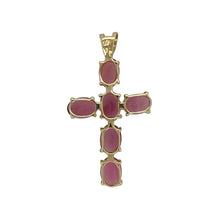 Load image into Gallery viewer, Bring soft sparkle and symbolic elegance to your collection with this pre-owned 9ct yellow gold and pink stone set cross pendant, offering a graceful blend of colour and meaning—perfect for personal wear or heartfelt gifting.

Design: The pendant features a classic cross shape set with oval-cut pink stones, each measuring 6mm by 4mm, creating a delicate and feminine look with timeless appeal.
