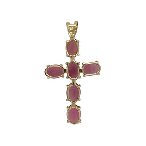 Bring soft sparkle and symbolic elegance to your collection with this pre-owned 9ct yellow gold and pink stone set cross pendant, offering a graceful blend of colour and meaning—perfect for personal wear or heartfelt gifting.

Design: The pendant features a classic cross shape set with oval-cut pink stones, each measuring 6mm by 4mm, creating a delicate and feminine look with timeless appeal.