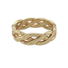 Load image into Gallery viewer, Bring cultural elegance to your collection with this pre-owned 9ct Welsh yellow gold Celtic open weave band ring, offering symbolic design and timeless craftsmanship—perfect for meaningful gifting or daily wear.

Design: The ring features an open weave Celtic knot pattern, symbolising eternity, interconnectedness, and heritage in a bold yet intricate design.
Material: Made from 9-carat Welsh yellow gold, the polished finish highlights the flowing lines and depth of the openwork pattern.

