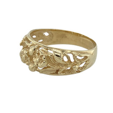 Load image into Gallery viewer, Bring floral elegance to your collection with this pre-owned 9ct yellow gold flower band ring, featuring delicate rose-style detailing in a graceful band design—perfect for nature-inspired styling or meaningful gifting.

Design: The front of the band showcases two intricately formed rose-style flowers, adding romantic and natural charm to the piece.
Material: Made from 9-carat yellow gold, the polished finish enhances the soft curves and fine detail of the floral design.

