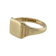 Load image into Gallery viewer, Bring timeless simplicity to your collection with this pre-owned 9ct yellow gold plain square signet ring, offering clean lines and classic design—perfect for engraving or understated everyday style.

Design: The ring features a smooth, plain square face measuring 9mm high, ideal for personal engraving or worn as a minimalist statement.
Material: Made from 9-carat yellow gold, the polished finish enhances the rich tone and crisp edges of the square face.

