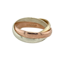 Load image into Gallery viewer, Bring symbolic elegance to your collection with this pre-owned 9ct yellow, white and rose gold triple interlinked band ring, offering a timeless rolling design that blends harmony, unity, and classic style—perfect for meaningful gifting or everyday wear.

Design: The ring features three interlocking bands—each 3mm wide in yellow, white, and rose gold—creating a rolling design that moves gracefully and symbolises unity and connection.

