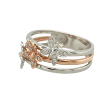 Load image into Gallery viewer, Bring whimsical elegance and unique charm to your collection with this pre-owned 9ct white and rose gold diamond set butterfly band ring, featuring a layered design with delicate sparkle—perfect for standout everyday style or thoughtful gifting.

Design: The ring showcases three split bands—white gold on the top and bottom, and rose gold in the centre—each adorned with a diamond-set butterfly, creating a graceful and eye-catching vertical layout.

