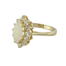 Load image into Gallery viewer, Bring vintage-inspired sparkle and iridescent charm to your collection with this pre-owned 9ct yellow gold opalique and cubic zirconia set marquise cluster ring—perfect for standout style or timeless gifting.

Design: The ring features a 10mm by 5mm marquise-shaped opalique stone at the centre, surrounded by a sparkling halo of cubic zirconia in a classic cluster setting that enhances the stone&#39;s shifting colour play.
